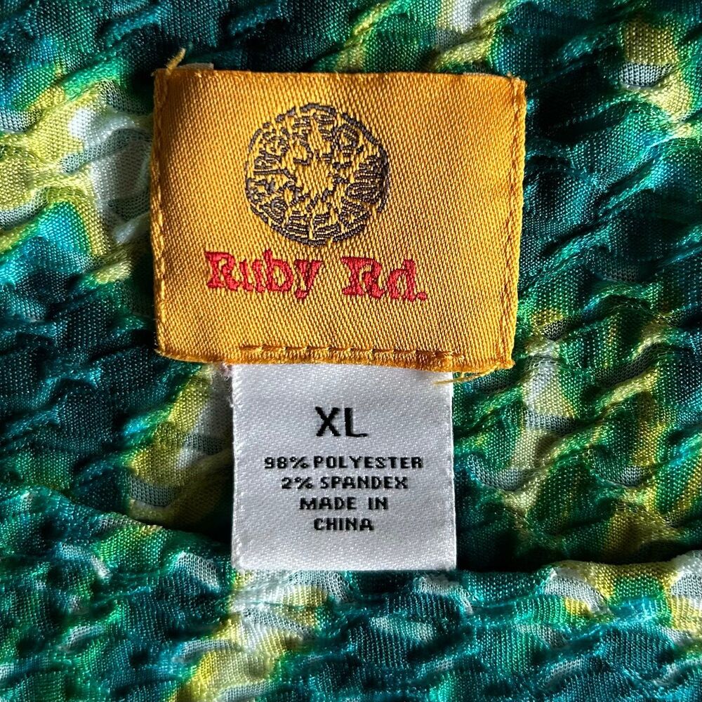 Ruby Rd Crinkled Knit Top XL Green Blue Art Deco Stretch 3/4 Sleeve Cottagecore - Picture 3 of 9